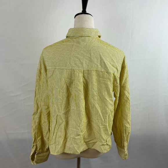 FRNCH Top S Chartreuse White Textured Stripe Cropped Button Front Long Sleeve - Picture 7 of 11